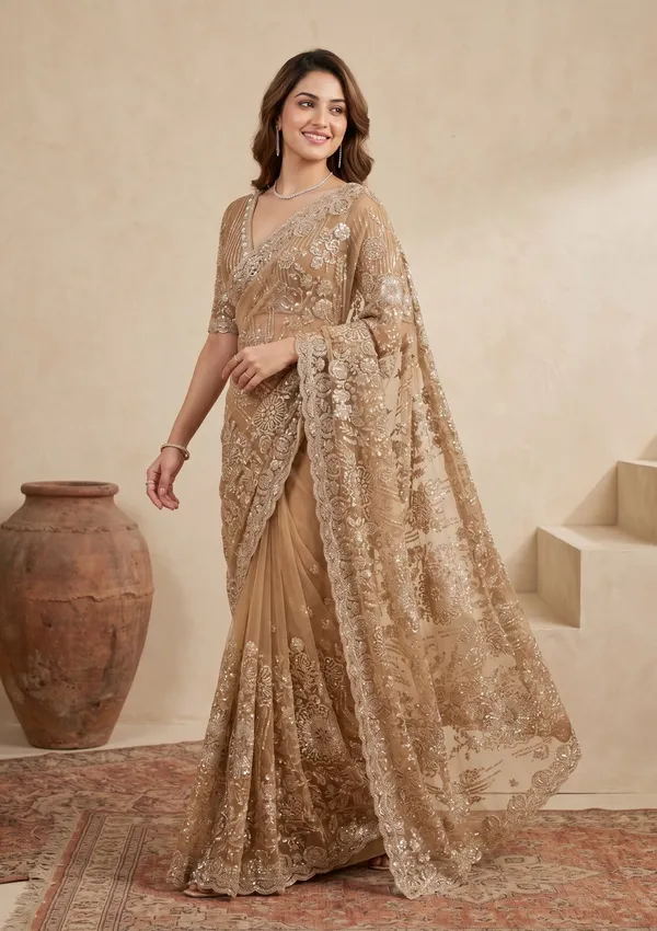 Mustard_Sequins_Net_Saree