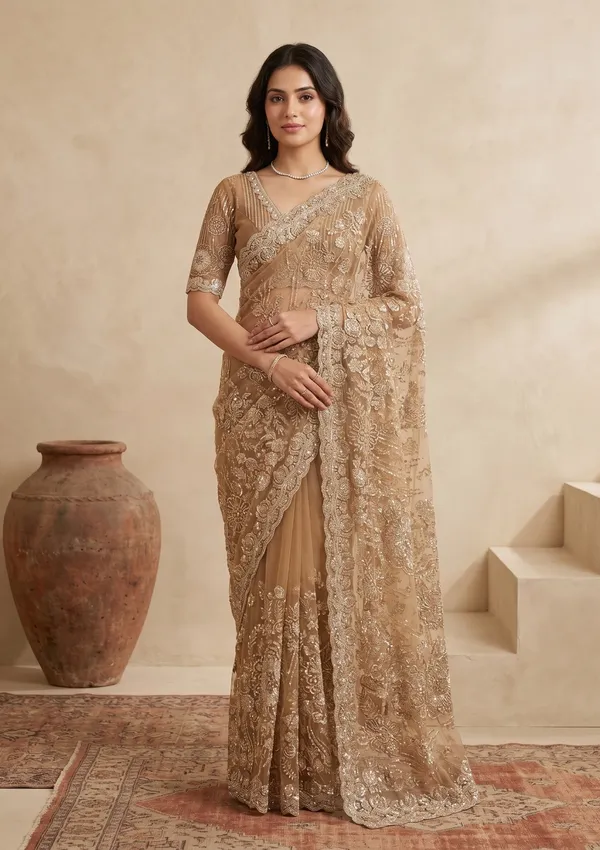 Mustard_Sequins_Net_Saree