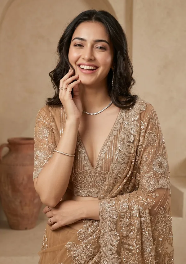 Mustard_Sequins_Net_Saree