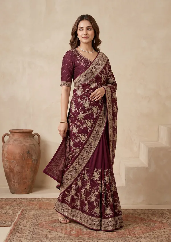 Wine_Zariwork_Gold_Tissue_Saree