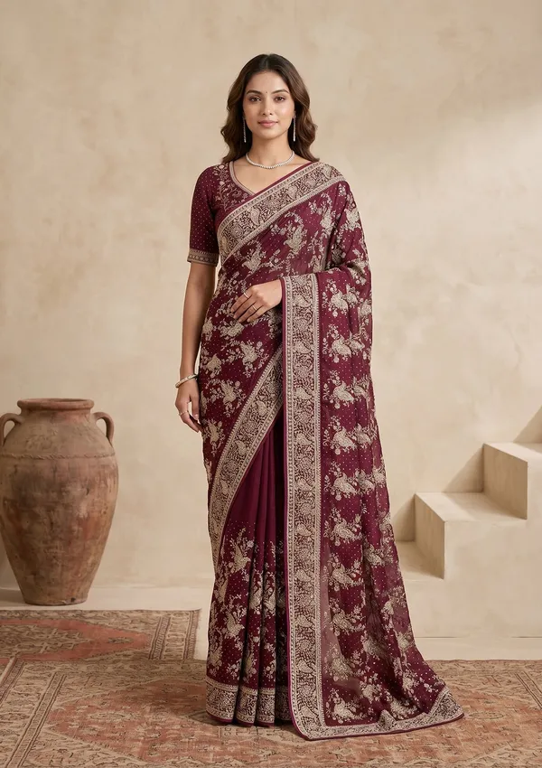 Wine_Zariwork_Gold_Tissue_Saree