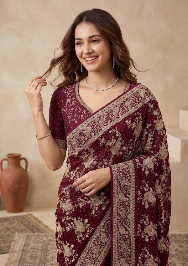 Wine_Zariwork_Gold_Tissue_Saree