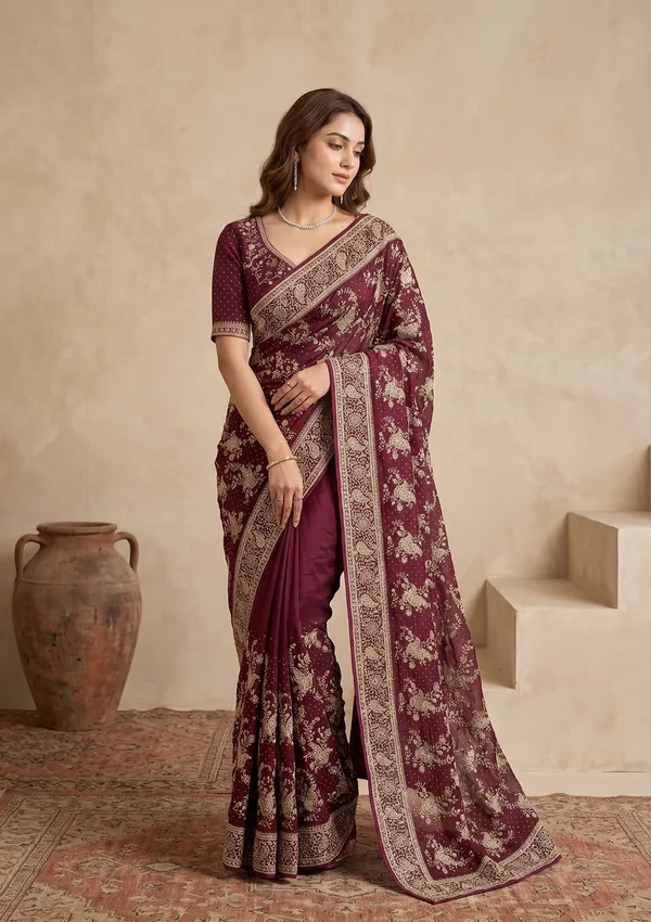 Wine_Zariwork_Gold_Tissue_Saree
