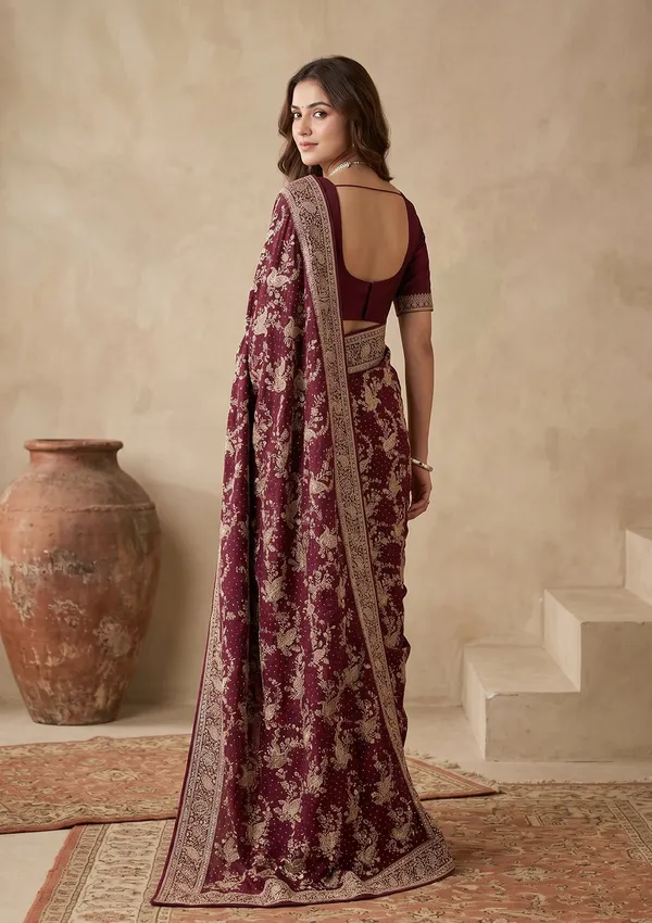 Wine_Zariwork_Gold_Tissue_Saree