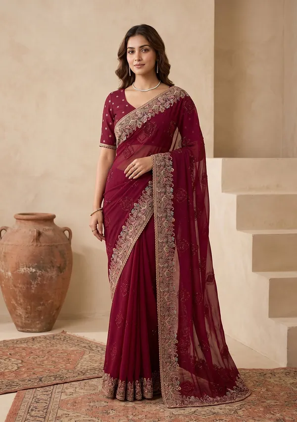 Wine_Kashmiri_Georgette_Saree