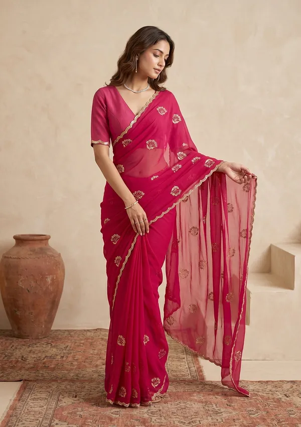 Rani_Pink_Zariwork_Gold_Chiffon_Saree