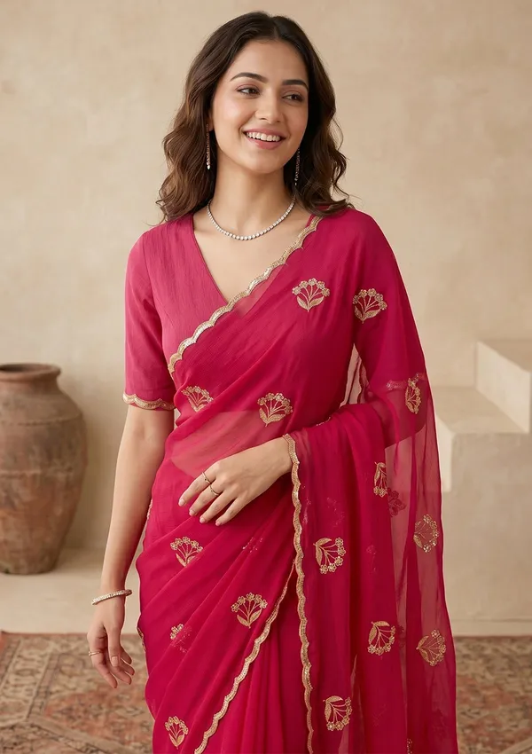 Rani_Pink_Zariwork_Gold_Chiffon_Saree