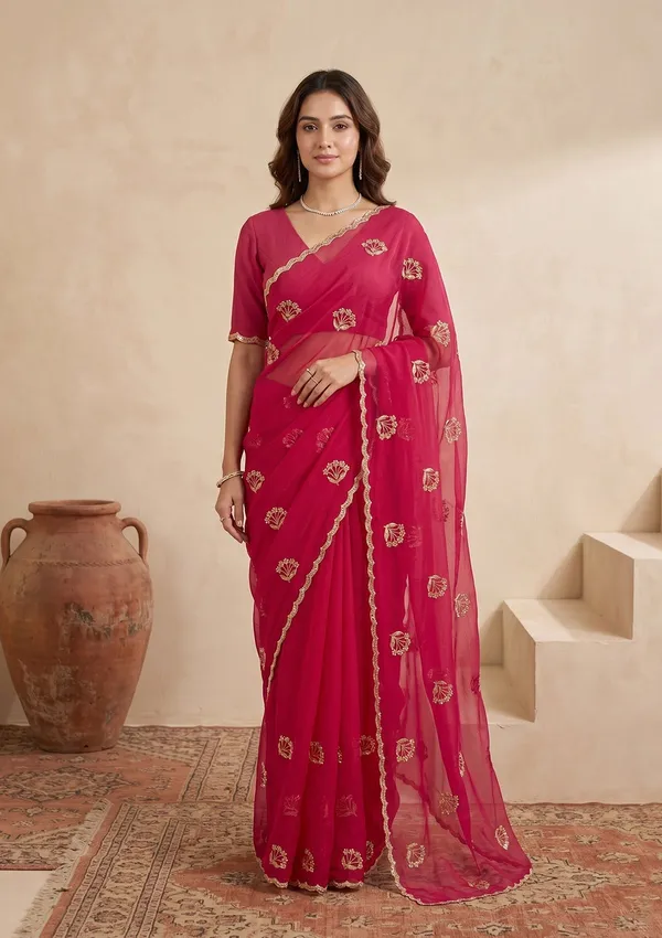 Rani_Pink_Zariwork_Gold_Chiffon_Saree