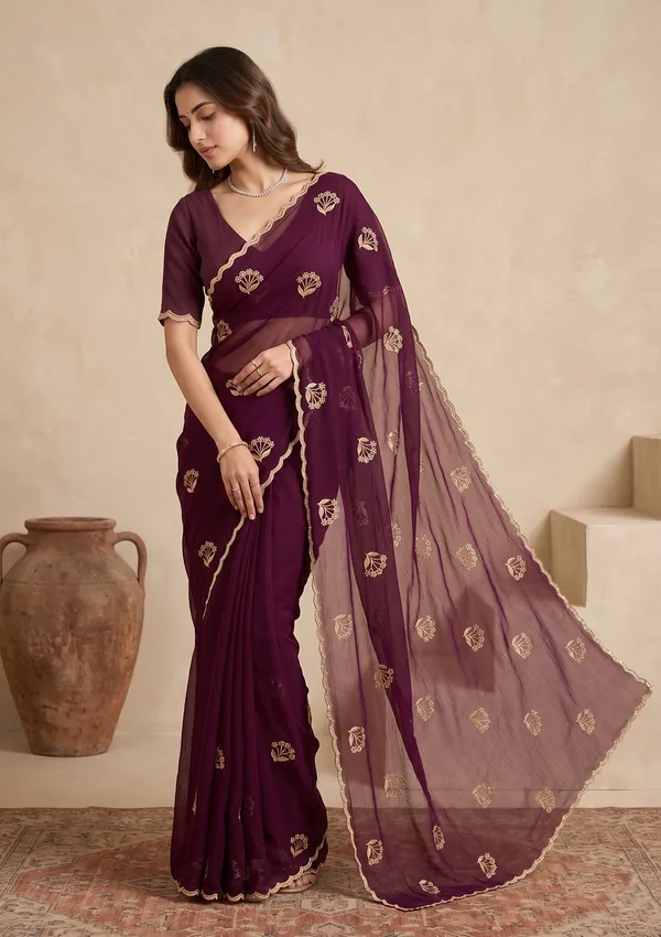 Wine_Zariwork_Gold_Chiffon_Saree