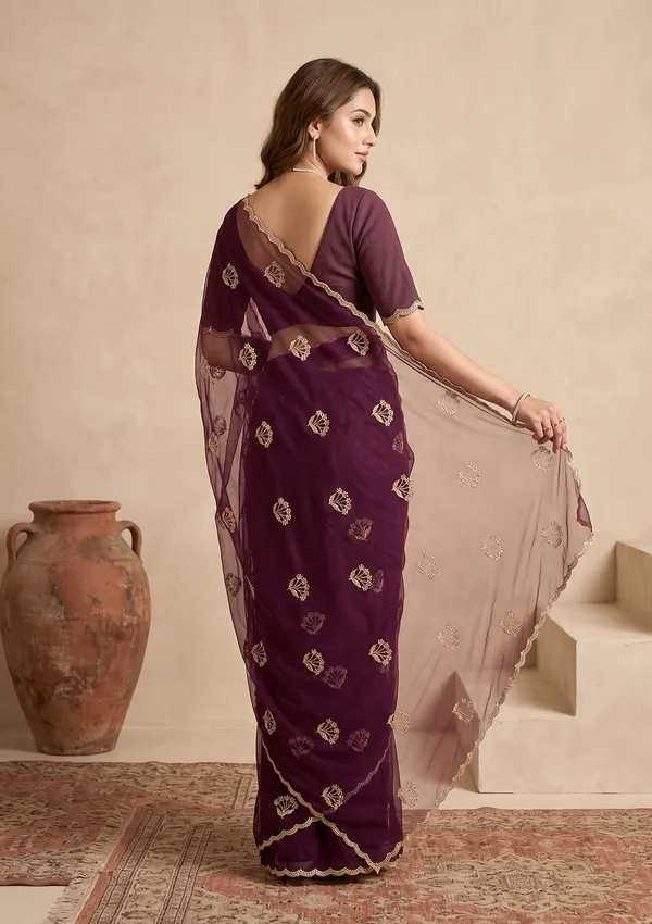 Wine_Zariwork_Gold_Chiffon_Saree