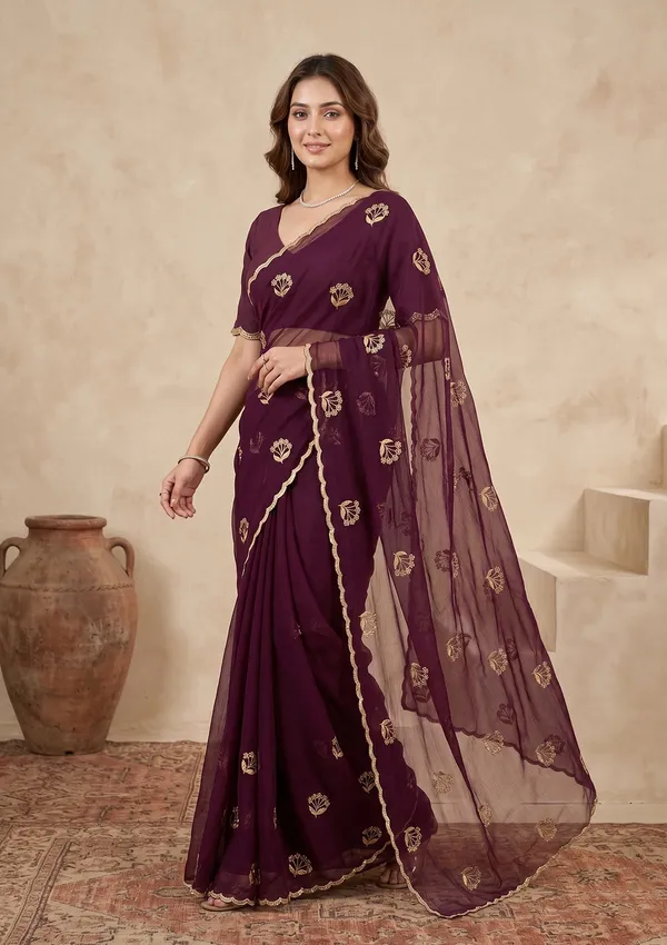 Wine_Zariwork_Gold_Chiffon_Saree