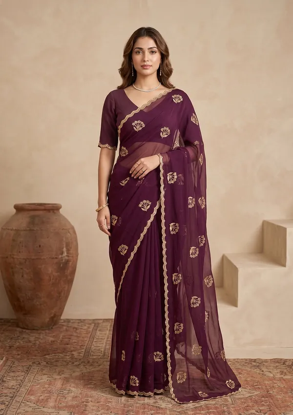 Wine_Zariwork_Gold_Chiffon_Saree