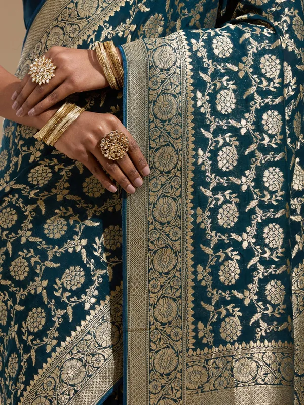 Teal_Green_Zariwork_Gold_Georgette_Silk_Saree