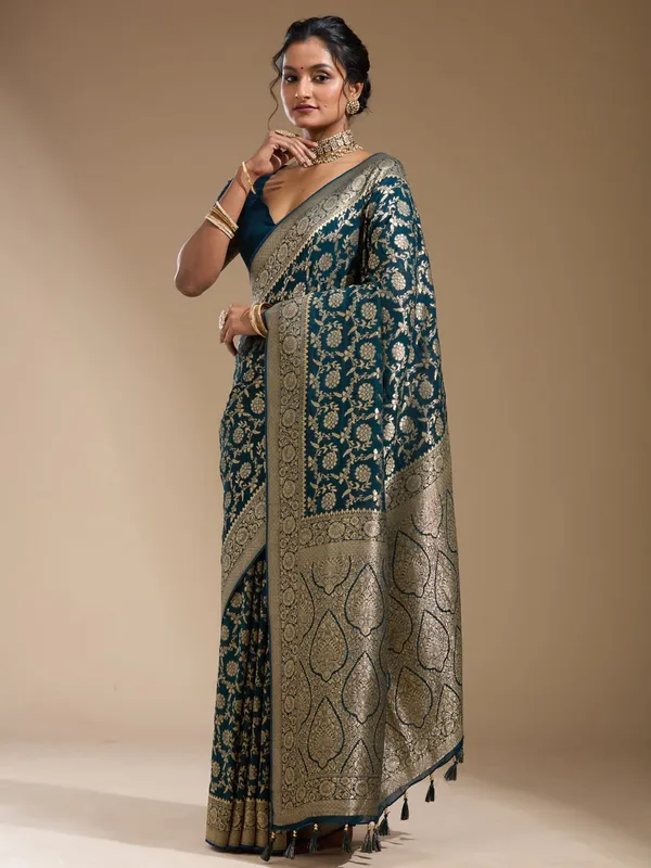 Teal_Green_Zariwork_Gold_Georgette_Silk_Saree