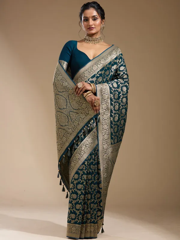 Teal_Green_Zariwork_Gold_Georgette_Silk_Saree