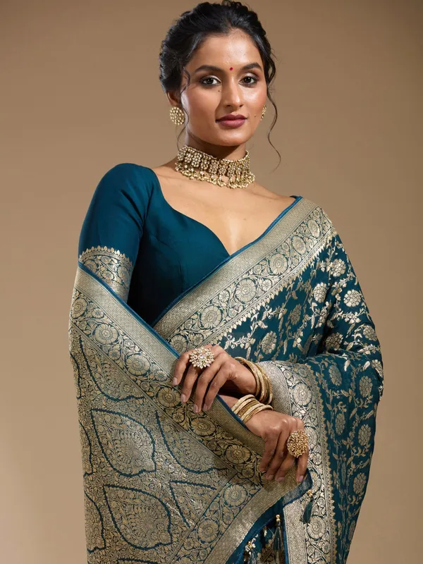 Teal_Green_Zariwork_Gold_Georgette_Silk_Saree