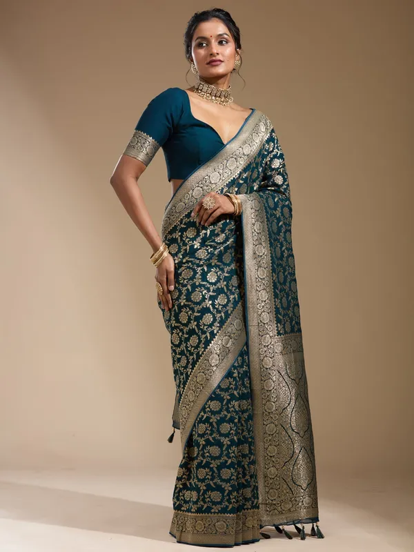 Teal_Green_Zariwork_Gold_Georgette_Silk_Saree