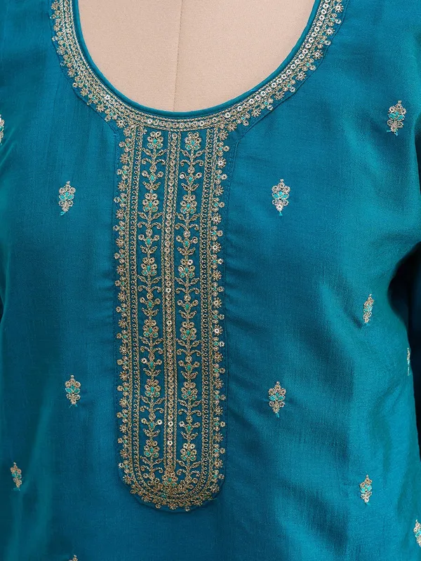 Turquoise_Blue_Zariwork_Gold_Soft_Raw_Silk_Readymade_Salwar_Suit