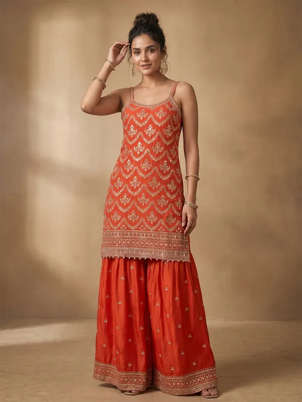 Rust_Zariwork_Gold_Chinon_Readymade_Salwar_Suit