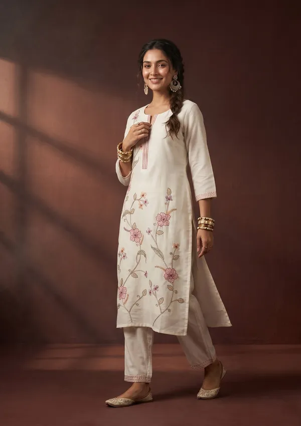 White_Threadwork_Art_Silk_Readymade_Salwar_Suit