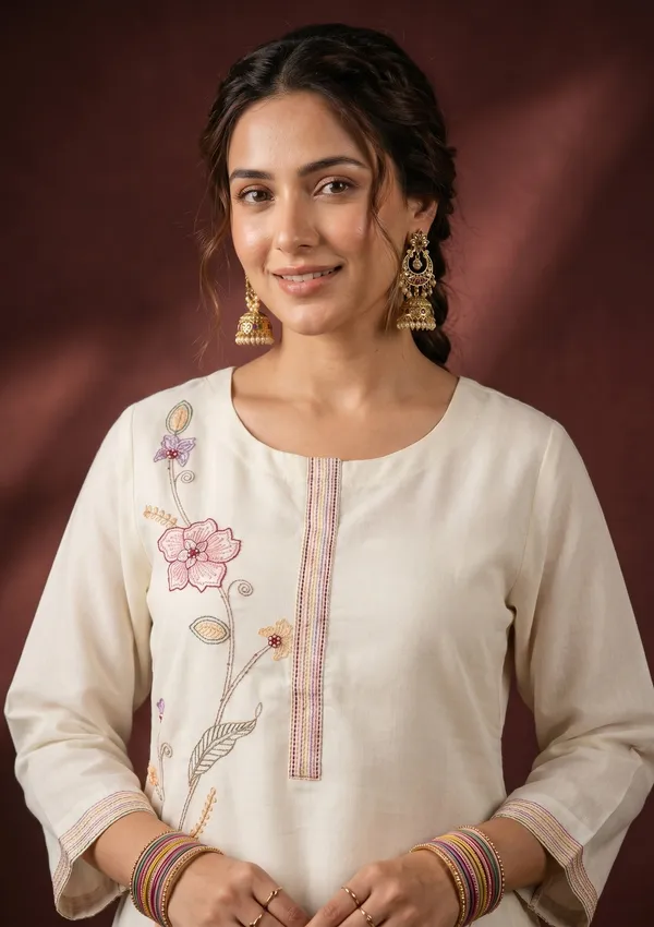 White_Threadwork_Art_Silk_Readymade_Salwar_Suit
