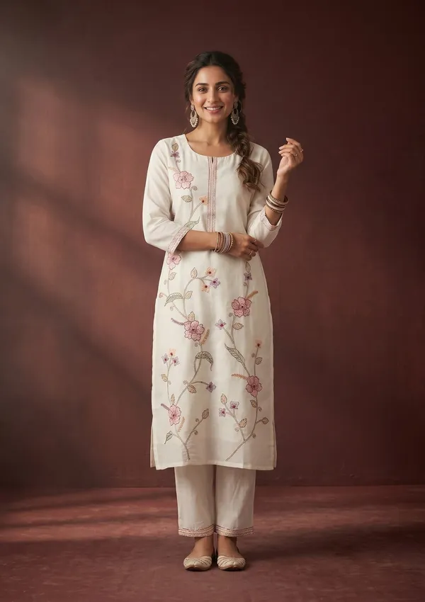 White_Threadwork_Art_Silk_Readymade_Salwar_Suit