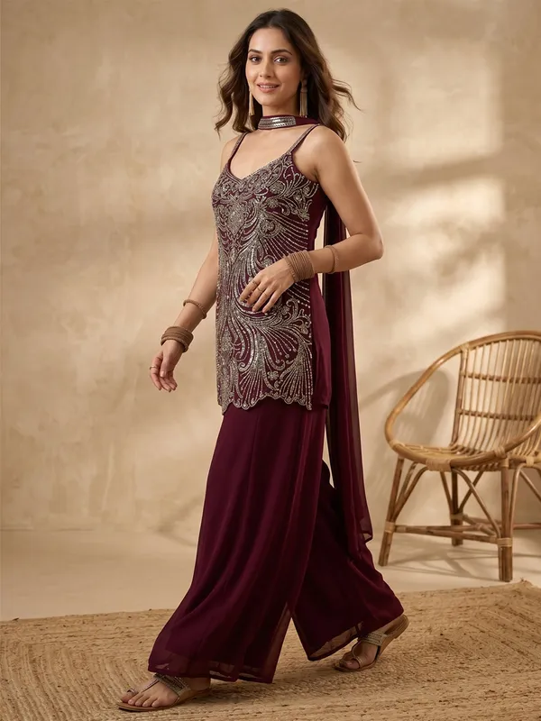 Wine_Cutdana_Georgette_Readymade_Salwar_Suit
