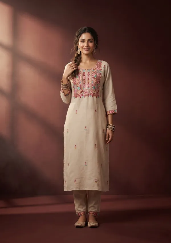 Beige_Threadwork_Art_Silk_Readymade_Salwar_Suit