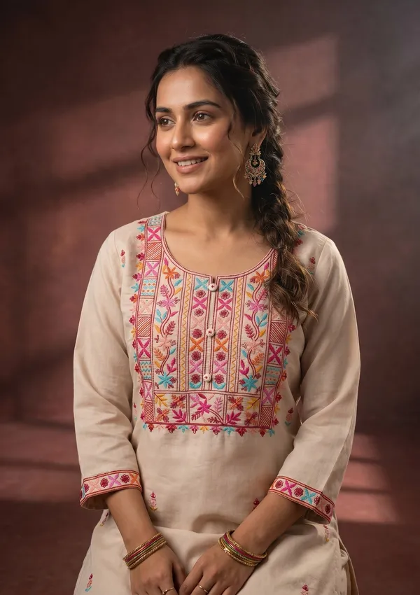 Beige_Threadwork_Art_Silk_Readymade_Salwar_Suit