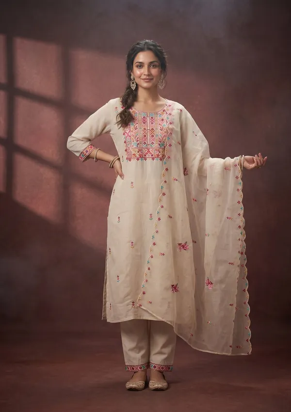 Beige_Threadwork_Art_Silk_Readymade_Salwar_Suit