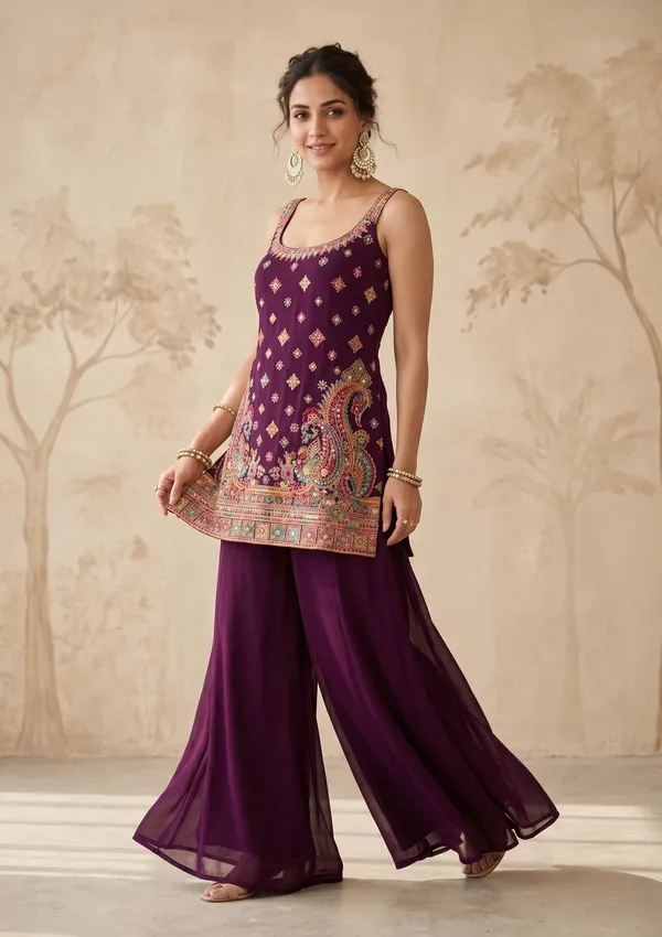 Wine_Threadwork_Georgette_Readymade_Salwar_Suit