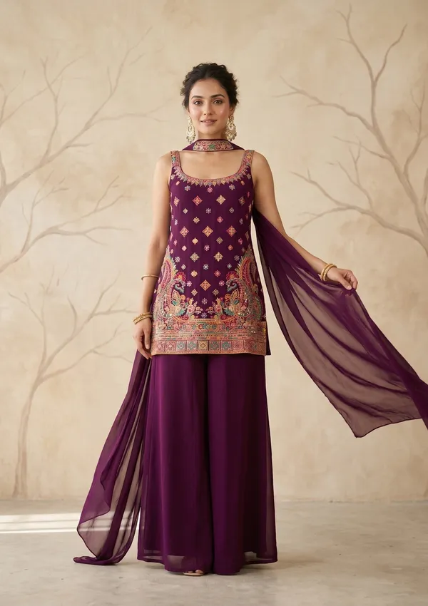 Wine_Threadwork_Georgette_Readymade_Salwar_Suit