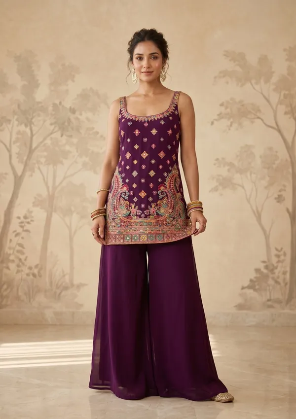 Wine_Threadwork_Georgette_Readymade_Salwar_Suit