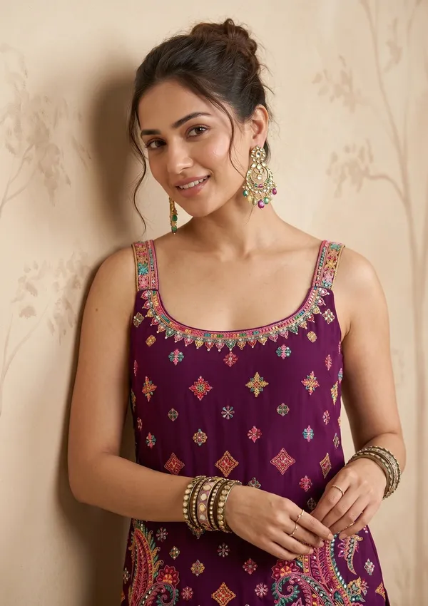 Wine_Threadwork_Georgette_Readymade_Salwar_Suit