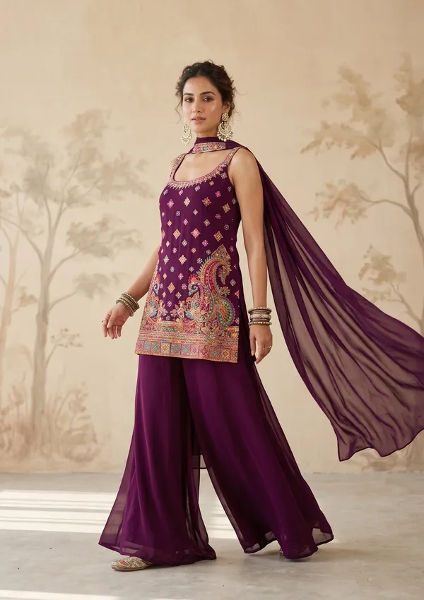 Wine_Threadwork_Georgette_Readymade_Salwar_Suit