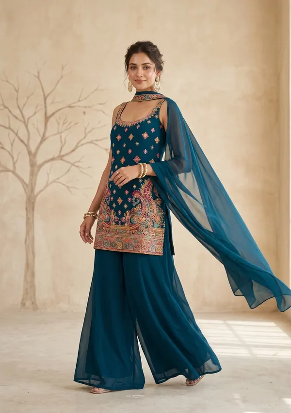 Peacock_Blue_Threadwork_Georgette_Readymade_Salwar_Suit
