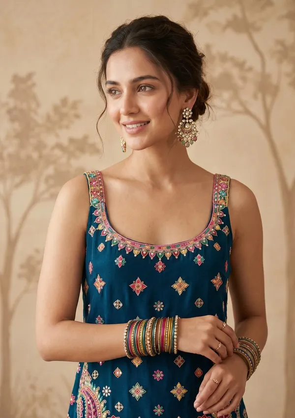Peacock_Blue_Threadwork_Georgette_Readymade_Salwar_Suit