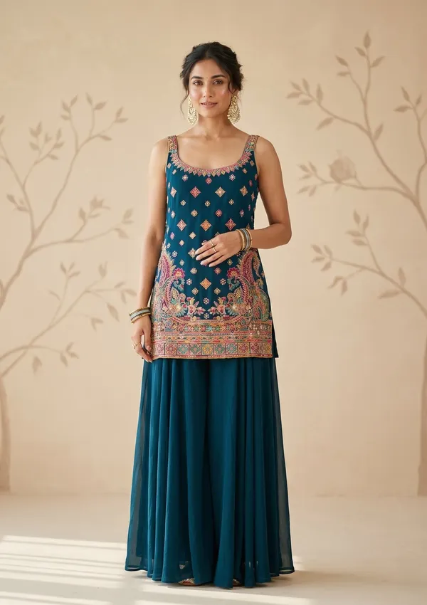 Peacock_Blue_Threadwork_Georgette_Readymade_Salwar_Suit