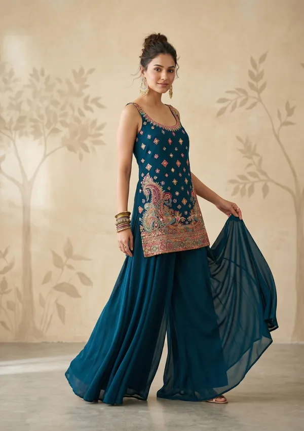 Peacock_Blue_Threadwork_Georgette_Readymade_Salwar_Suit