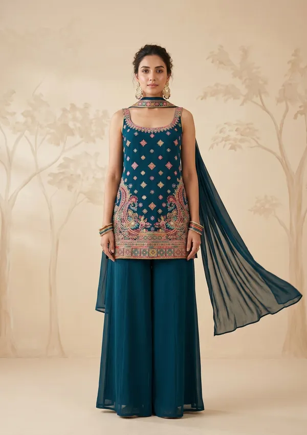 Peacock_Blue_Threadwork_Georgette_Readymade_Salwar_Suit