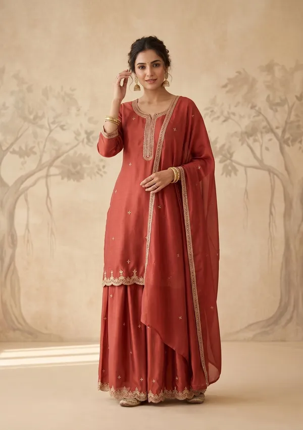 Rust_Zariwork_Gold_Chinon_Readymade_Salwar_Suit