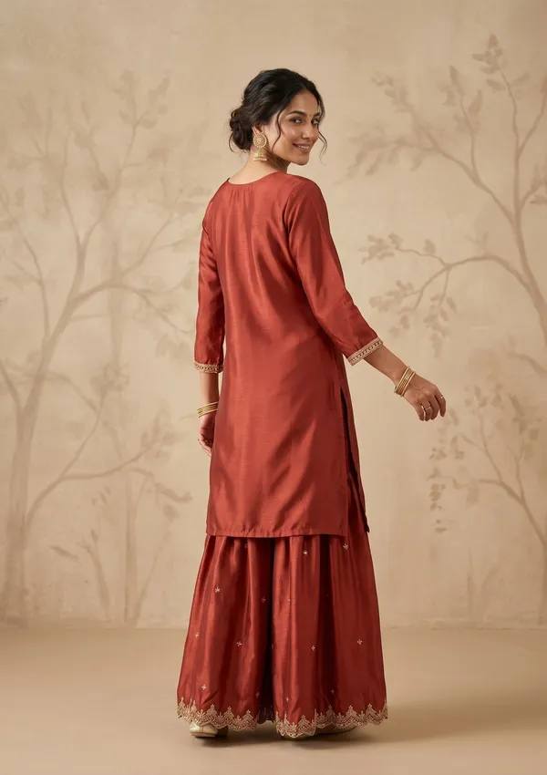 Rust_Zariwork_Gold_Chinon_Readymade_Salwar_Suit