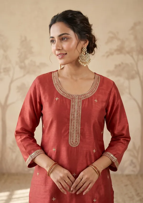 Rust_Zariwork_Gold_Chinon_Readymade_Salwar_Suit