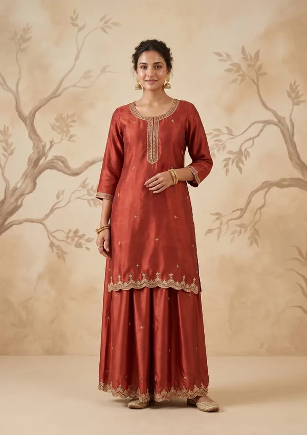 Rust_Zariwork_Gold_Chinon_Readymade_Salwar_Suit