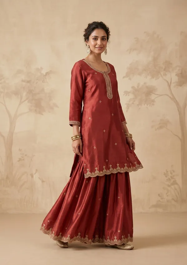 Rust_Zariwork_Gold_Chinon_Readymade_Salwar_Suit