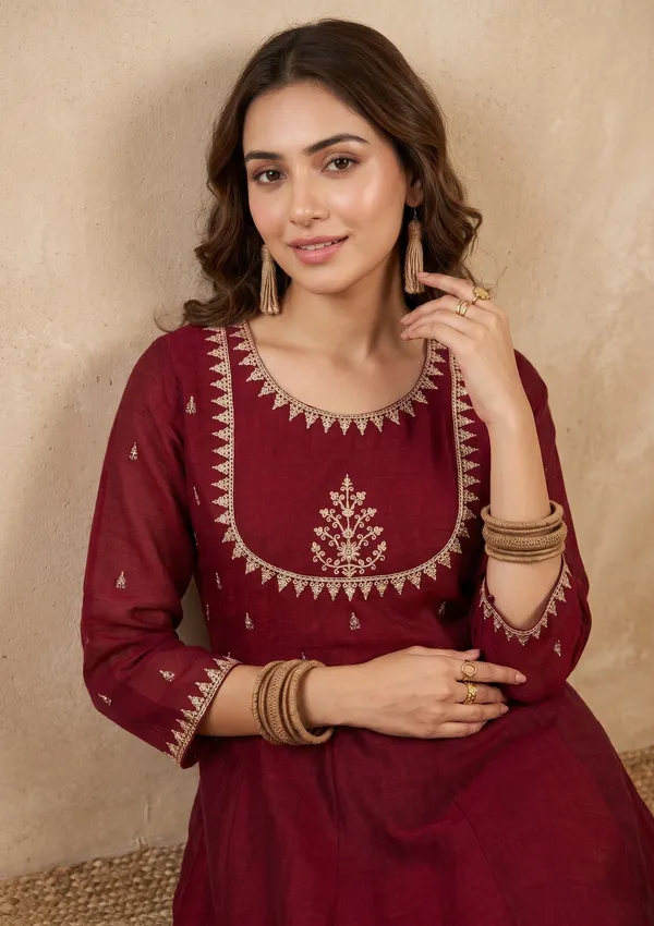Maroon_Zariwork_Gold_Soft_Raw_Silk_Readymade_Salwar_Suit