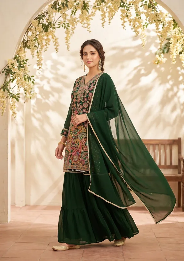 Bottle_Green_Threadwork_Georgette_Readymade_Salwar_Suit
