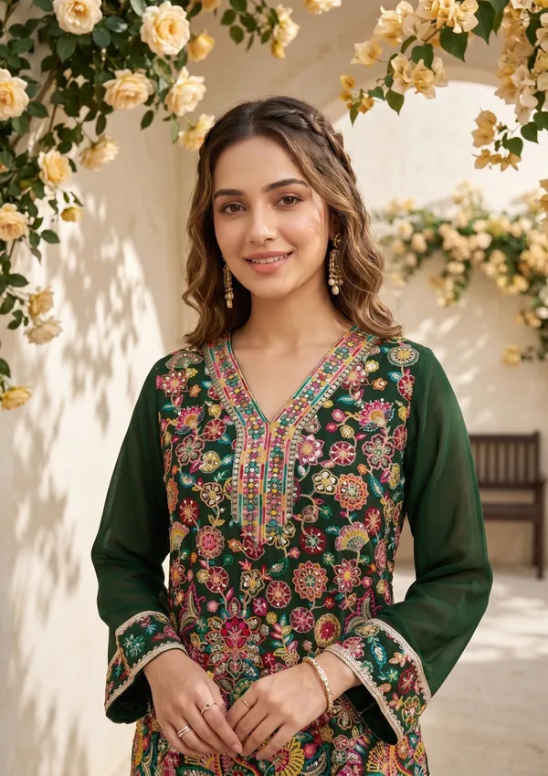 Bottle_Green_Threadwork_Georgette_Readymade_Salwar_Suit