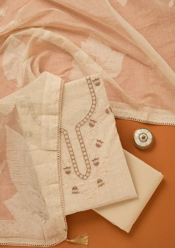 Beige_Threadwork_Cotton_Unstitched_Salwar_Suit