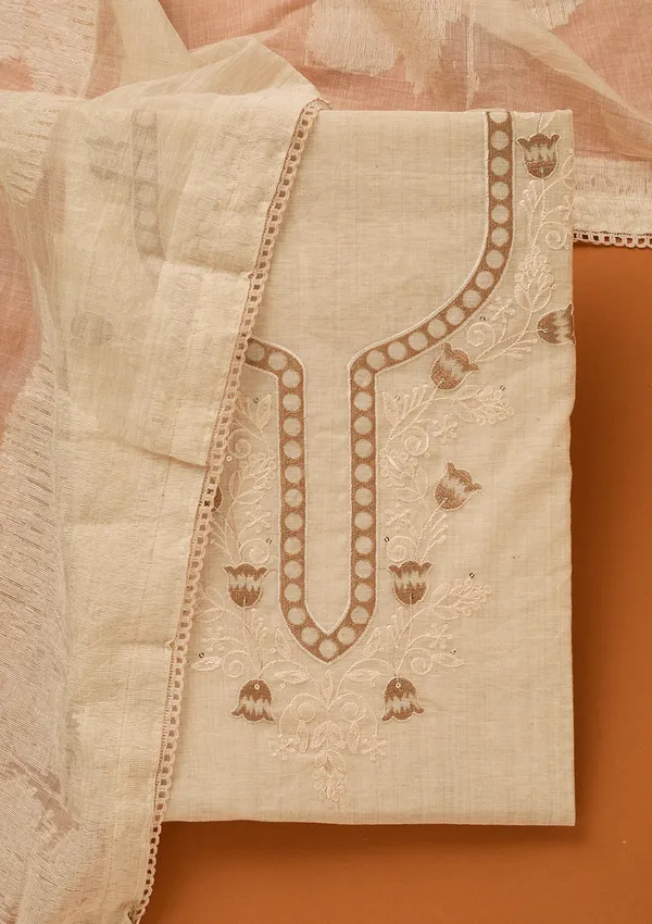 Beige_Threadwork_Cotton_Unstitched_Salwar_Suit